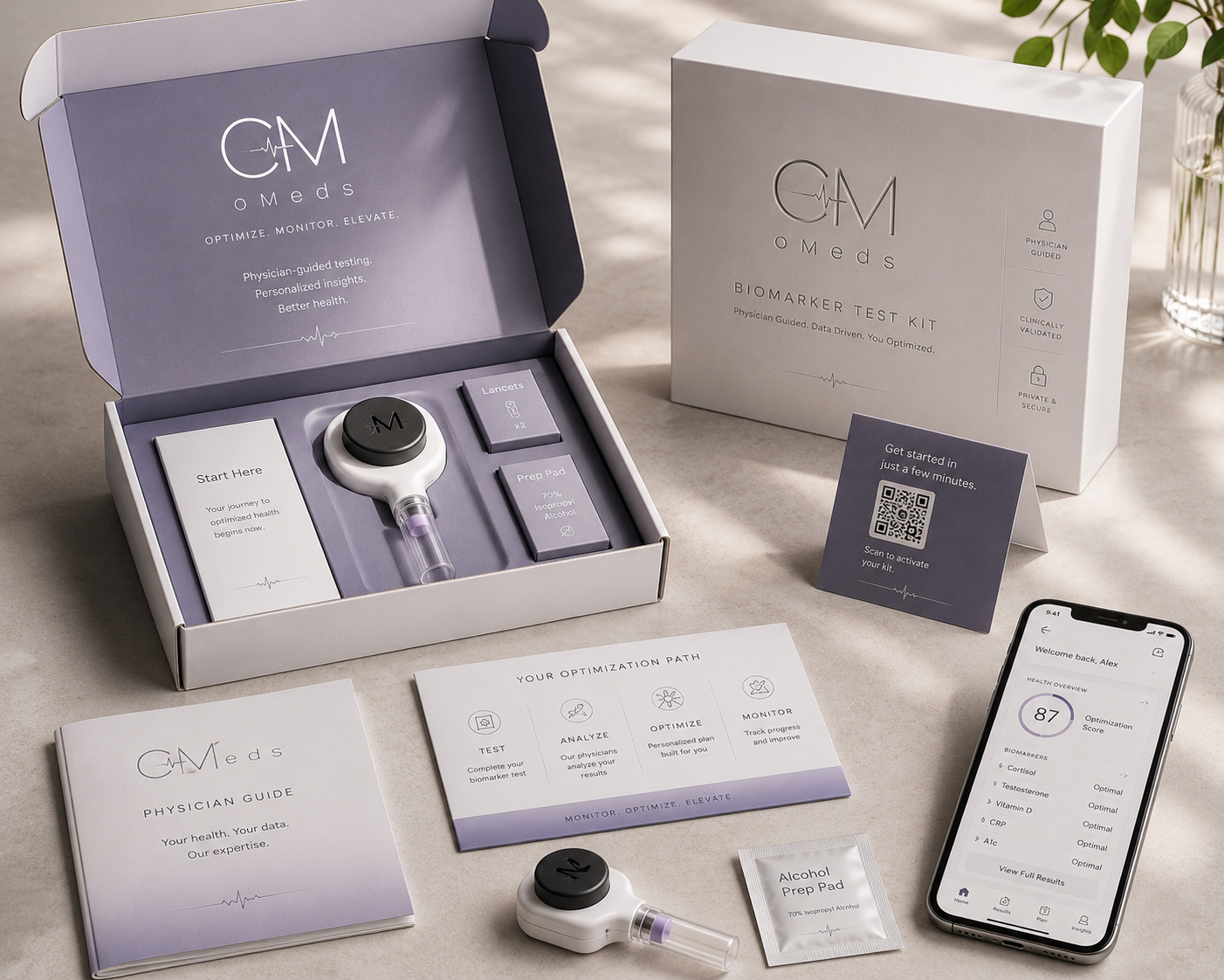 oMeds biomarker panel kit — box, lancet, prep pad, physician guide, and companion app