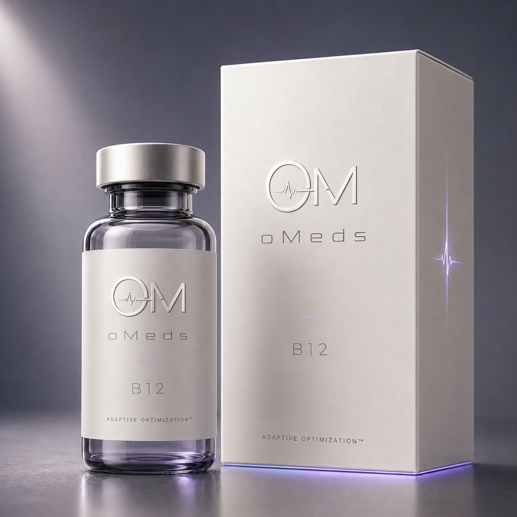 Methyl-B12 — oMeds injectable packaging, pearl-white luxury medical render