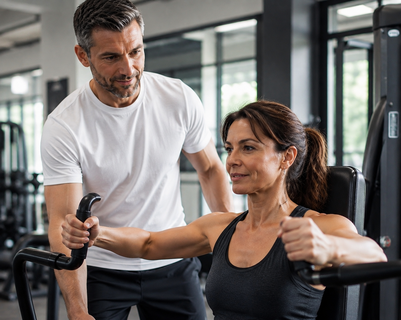 A member training with a certified personal trainer in a modern gym