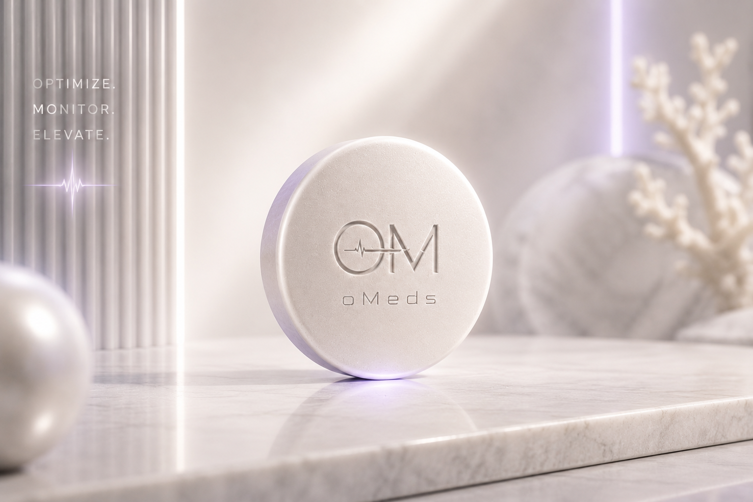 Oral Semaglutide (Compounded · Sublingual) — oMeds oral packaging, pearl-white luxury medical render