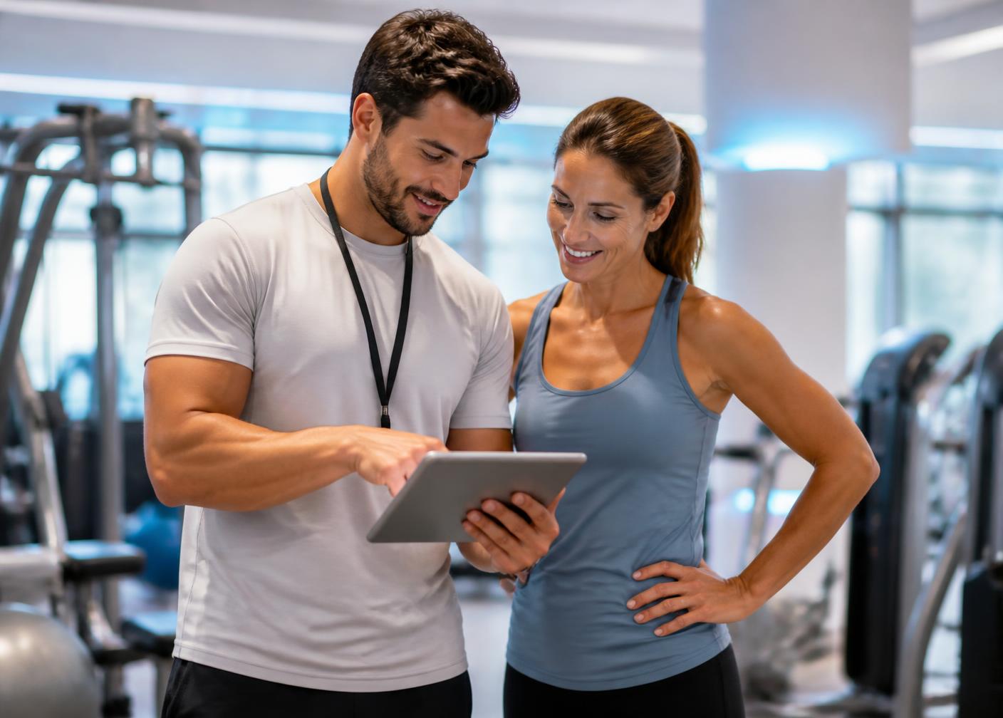 A certified personal trainer reviewing a starting plan with a gym member