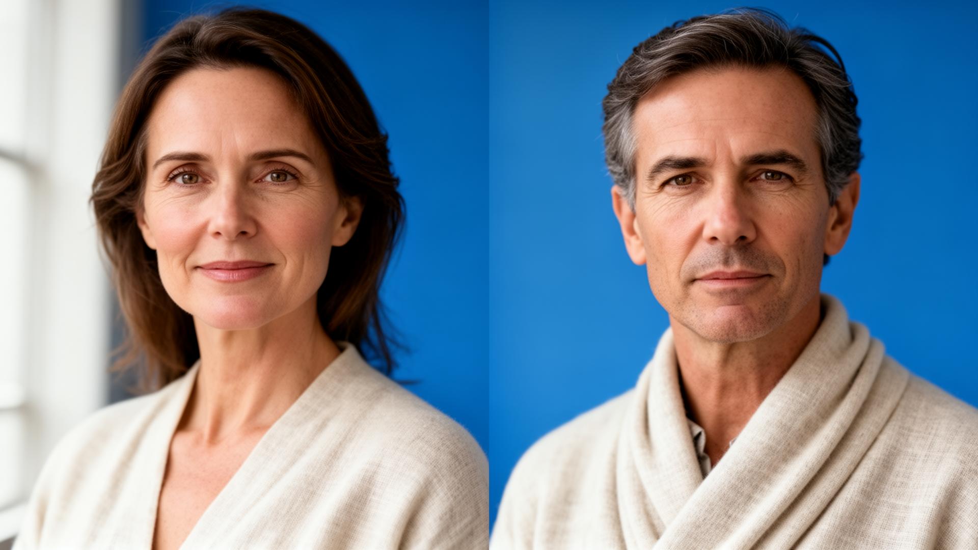 Editorial diptych portrait — one woman, one man — representing two distinct optimization envelopes.