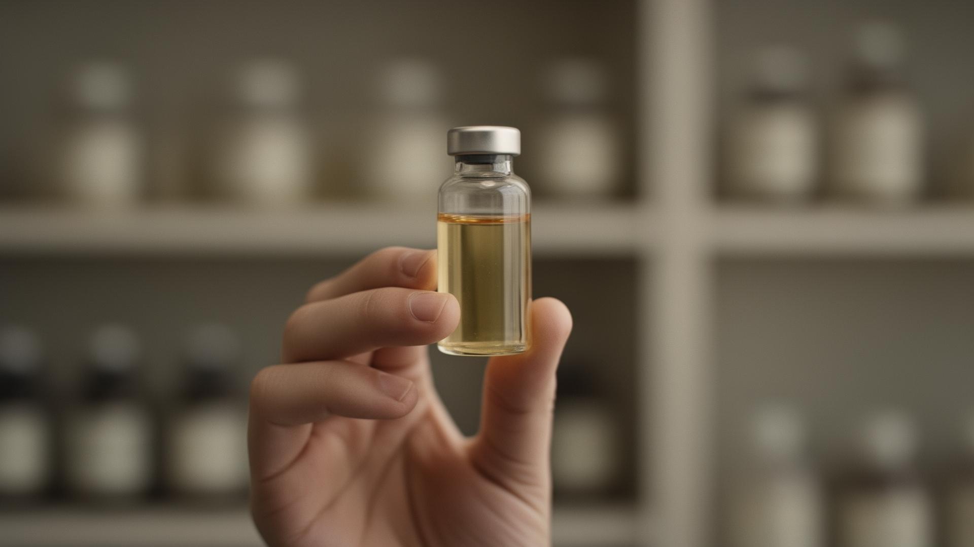 A clinician's hand holding a small glass vial of pale amber serum.