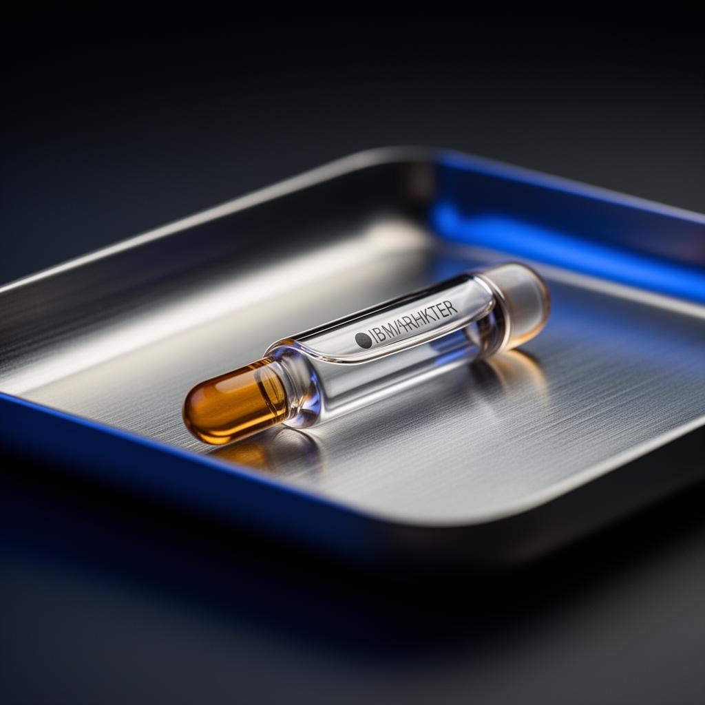 Macro still life of a single elegant glass biomarker collection vial on a brushed titanium tray, lit by soft cobalt rim light — visual reference for the optional biomarker panel.
