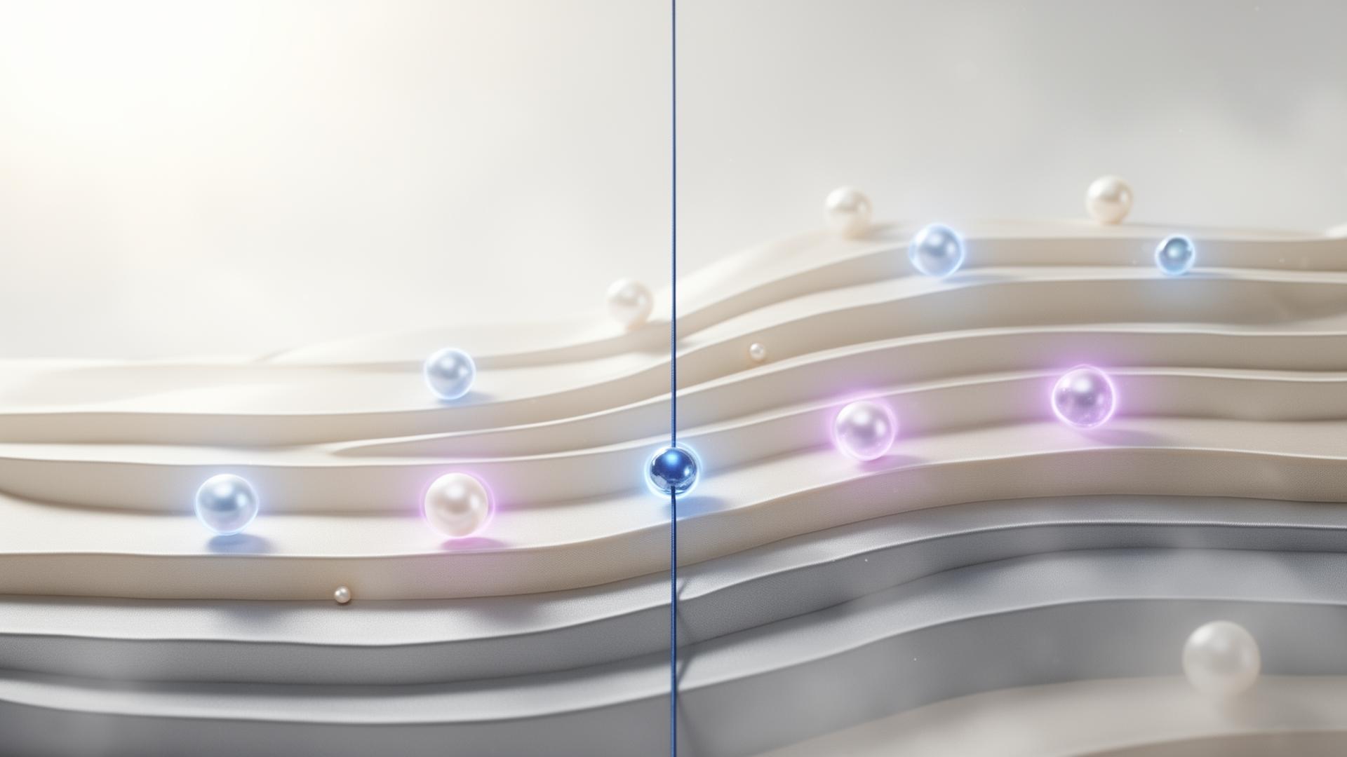 Translucent pearl strata stacking across time, sapphire and lilac waypoint pearls suspended within, a single sapphire filament threading vertically through every layer — symbolizing continuous provider oversight across the longitudinal optimization arc